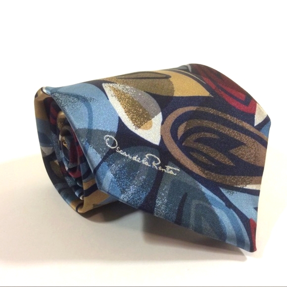 Oscar de la Renta Necktie Blue & Red Mosaic Neck Tie - Picture 1 of 4